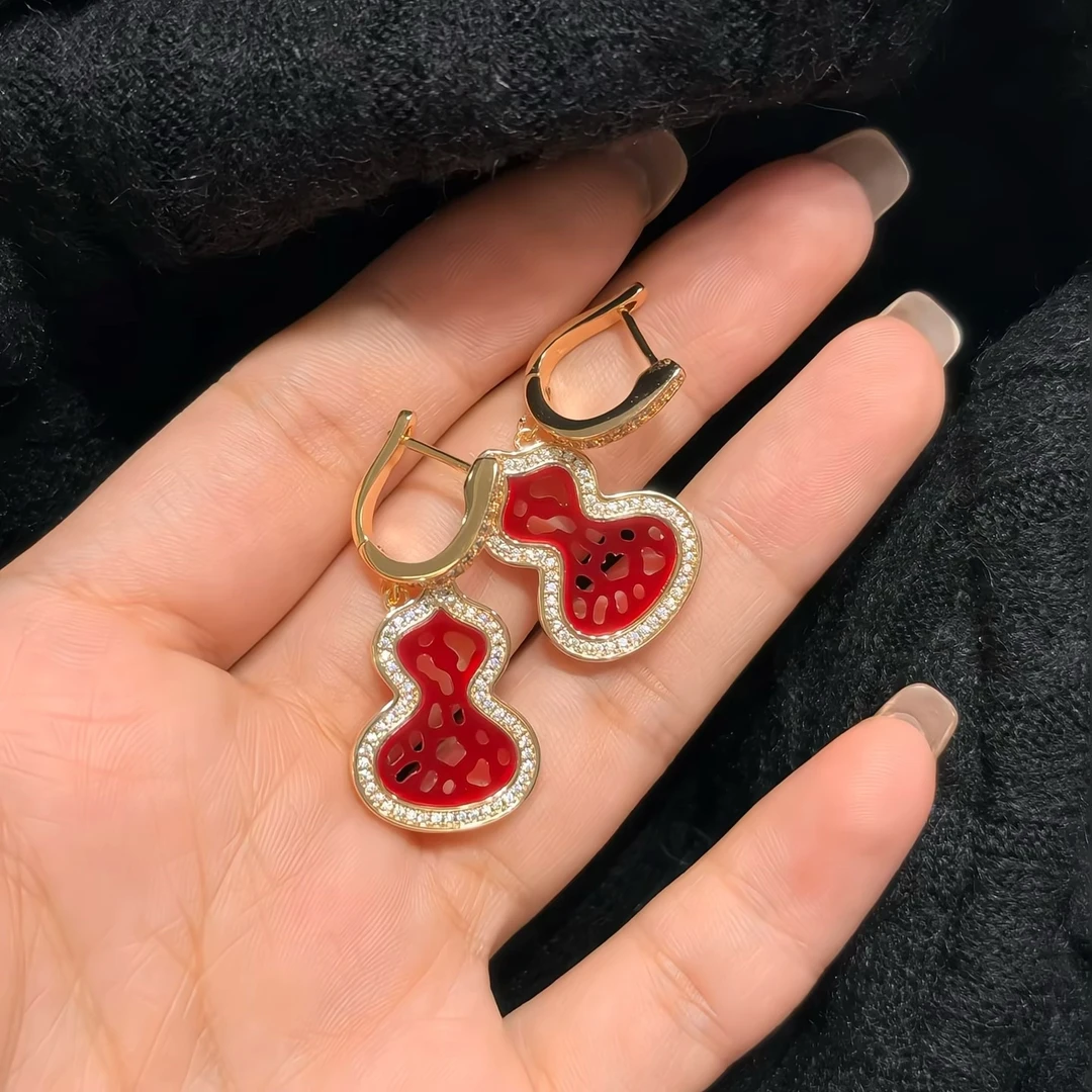 铜合金无非金属耳饰 【镂空红色大号葫芦耳环】- EH022
