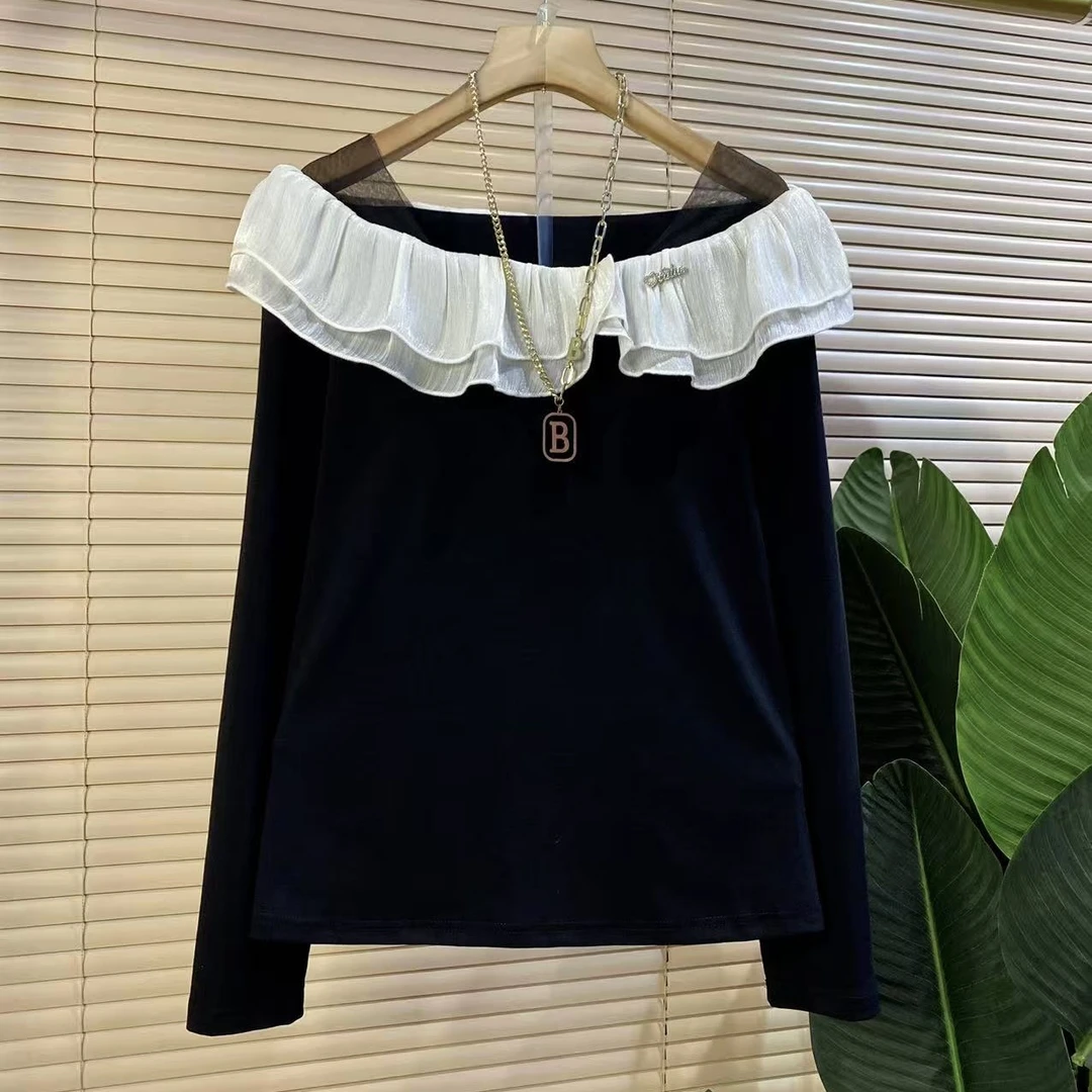 H胖mm欧货时尚新款甜美荷叶边拼接气质显瘦女人衫