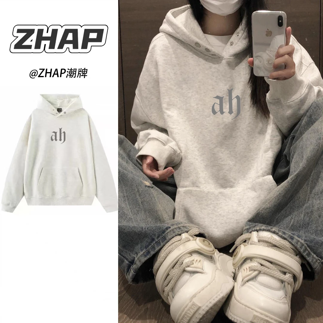 【ZHAP】潮牌复古花灰色连帽卫衣女冬新款爆款宽松大码加绒加厚卫衣