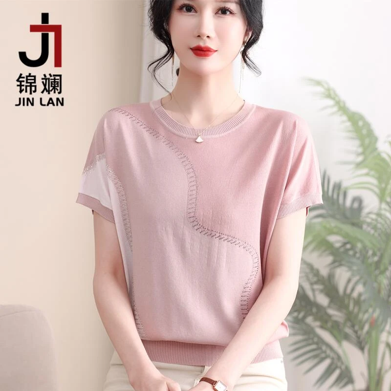 锦斓2025洋气女士薄款针织衫冰丝短上衣妈妈新款圆领短袖洋气T恤