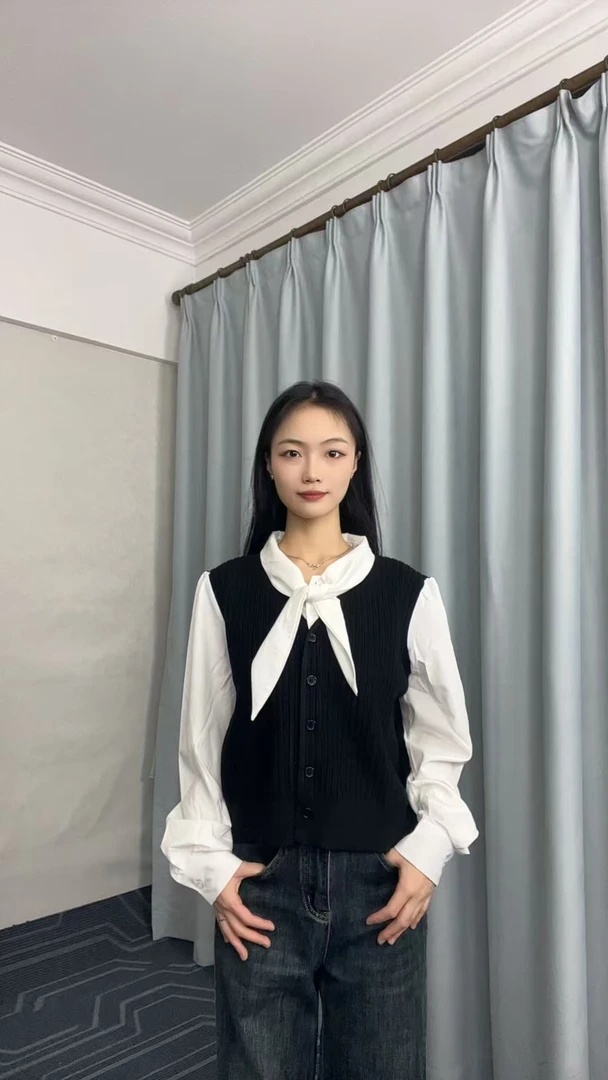 拼接秋季衬衫假两件设计感学院风针织有弹性长袖通勤