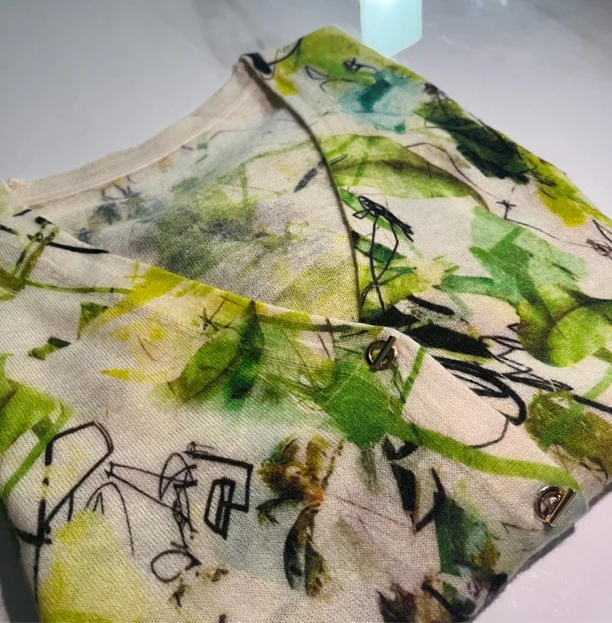 2025春季女款复古水墨画印花薄型打底衫洋气减龄显瘦针织上衣9568