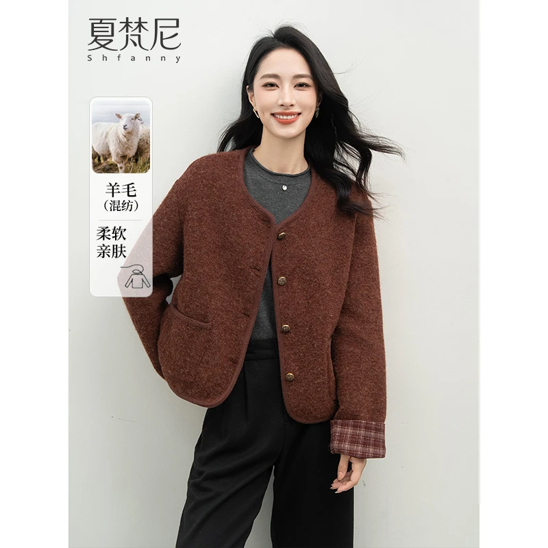 夏梵尼暗夜蔷薇秋冬韩版撞色拼接圈圈呢外套小个子百搭复古短外衣