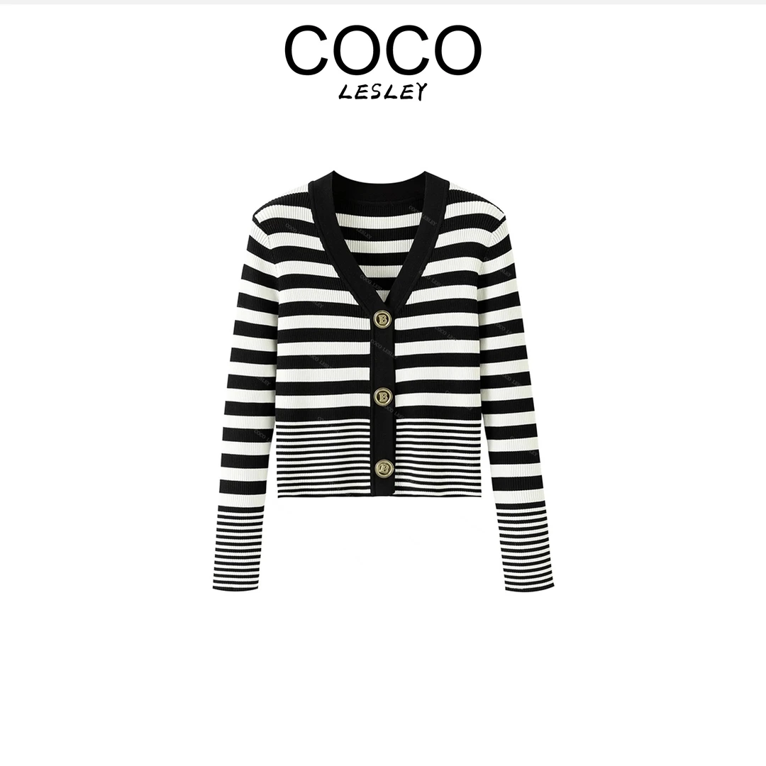 2024-秋季上新V领开衫黑白条纹时尚百搭-1018