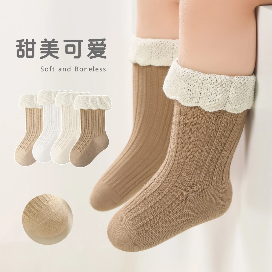 新生婴儿袜子春秋款纯色女宝宝中筒棉袜荷叶花边不勒腿韩系公主风