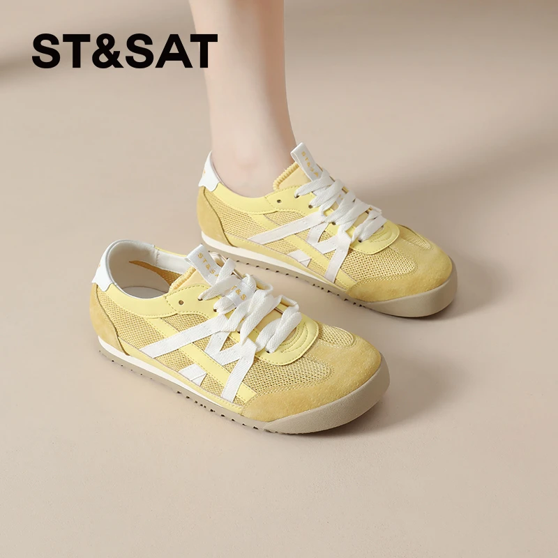 星期六黄色德训鞋女2025夏季新款透气网面鞋平底休闲运动鞋阿甘鞋