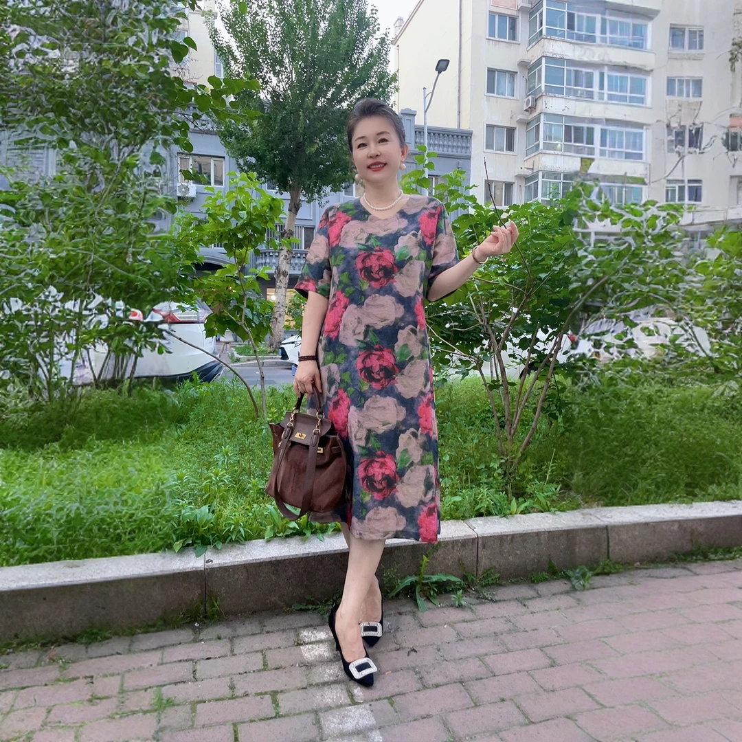 6650116高档大码韩版短袖印花修身洋气减龄连衣裙