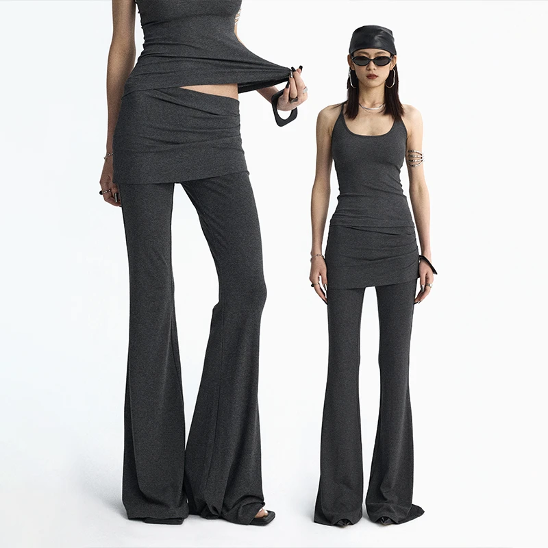 ourhour 假两件褶皱裙帘瑜伽喇叭裤 女夏纯色套装时尚休闲显瘦