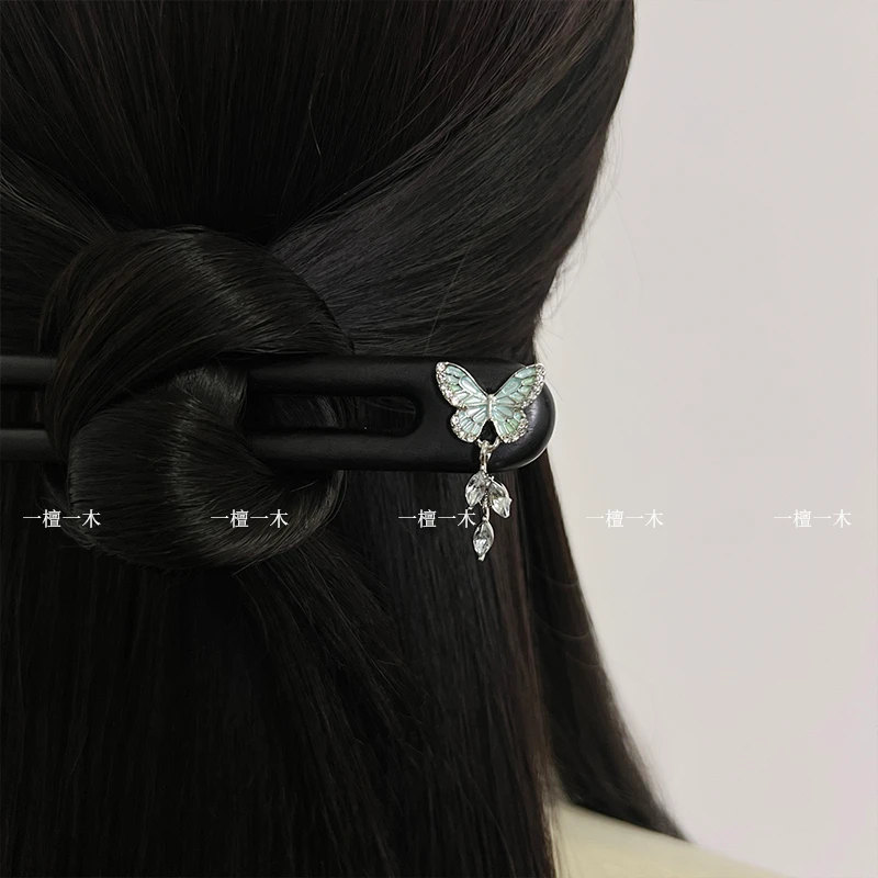 蓝舞蝶丨手工珐琅砂画原创木簪盘发蝴蝶发簪高级感旗袍汉服配发饰