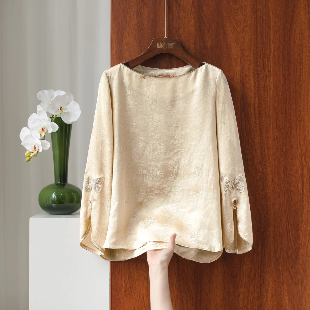 2025长袖一字领领提花一字领春夏文艺中式立领宽松复古时尚衬衫