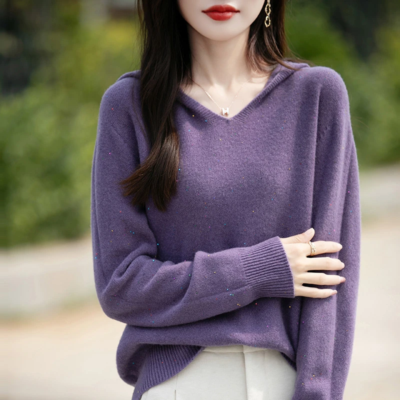 纯羊毛星空纱线亮片一线成衣连帽衫