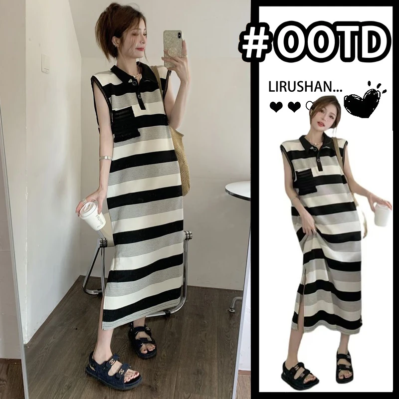 2025孕妇装夏装连衣裙新款小众设计感无袖露背polo领条纹孕妇裙子