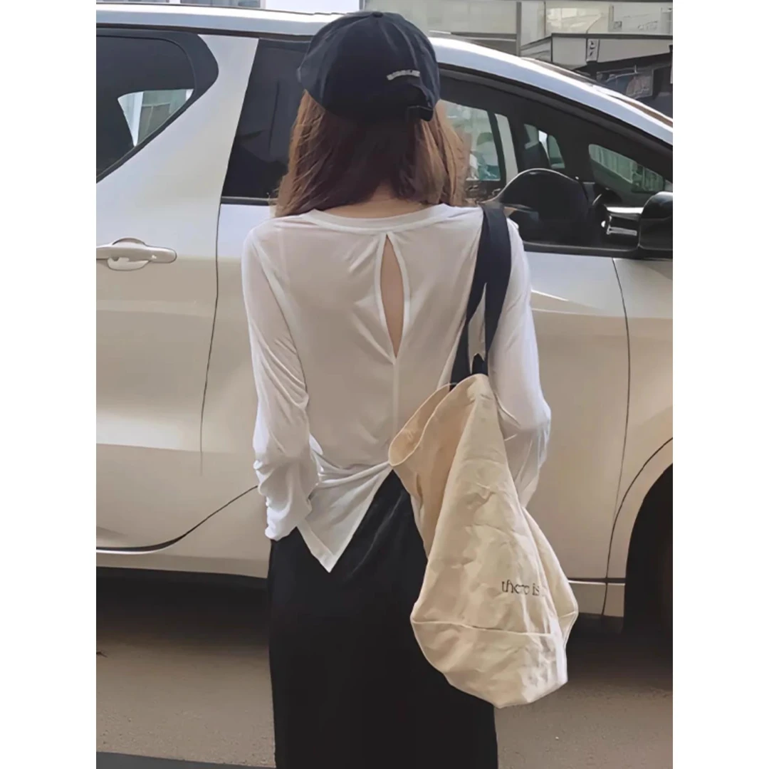 休闲后背镂空开叉长袖T恤女 夏褶皱露背白色薄款内搭上衣春秋显瘦