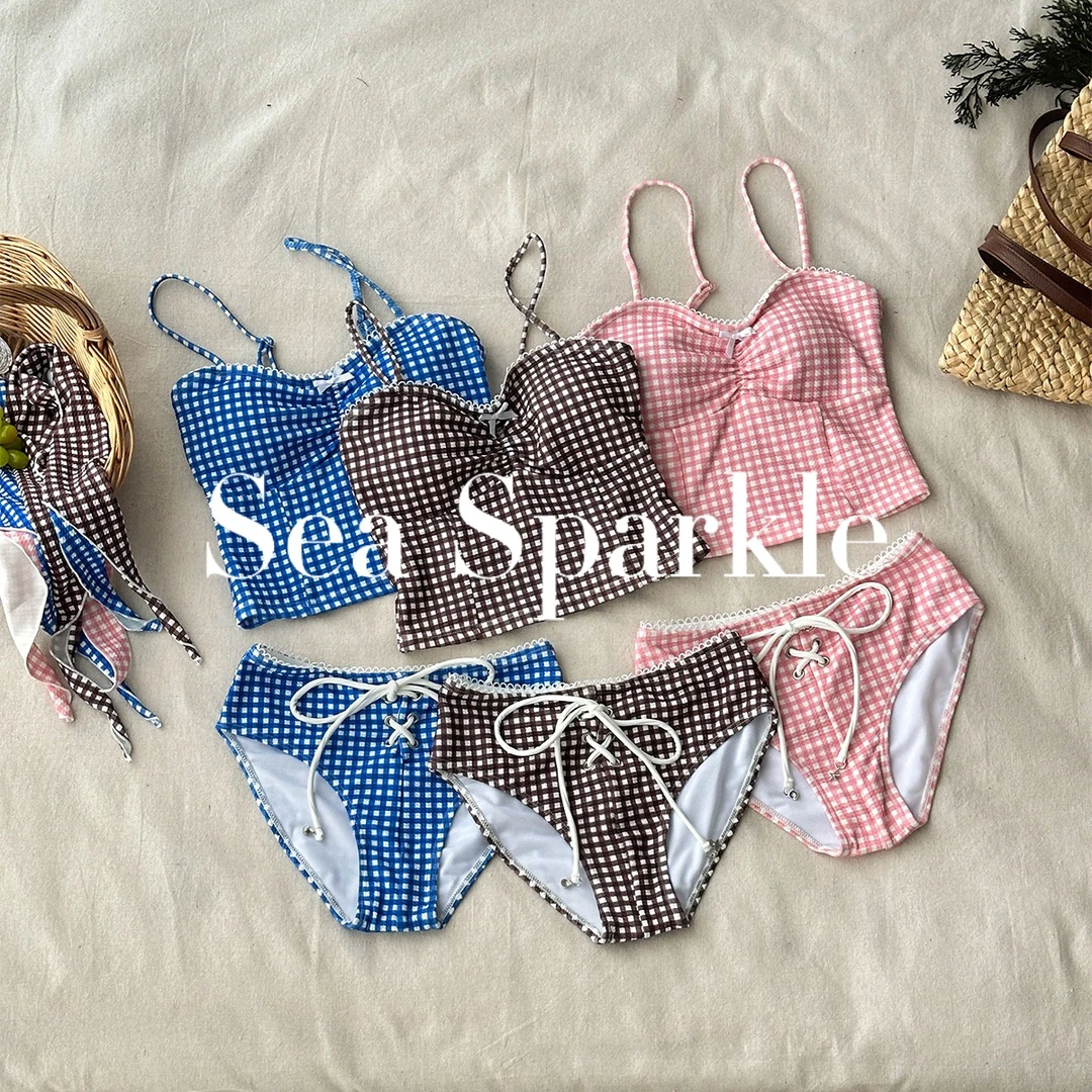 Sea Sparkle华夫格ins多色自由搭配分体泳衣三件套海岛度假温泉