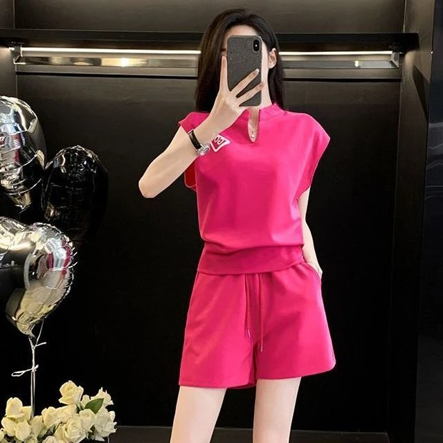 立领无袖运动套装女2025夏薄款多巴胺穿搭休闲时尚短袖短裤两件套