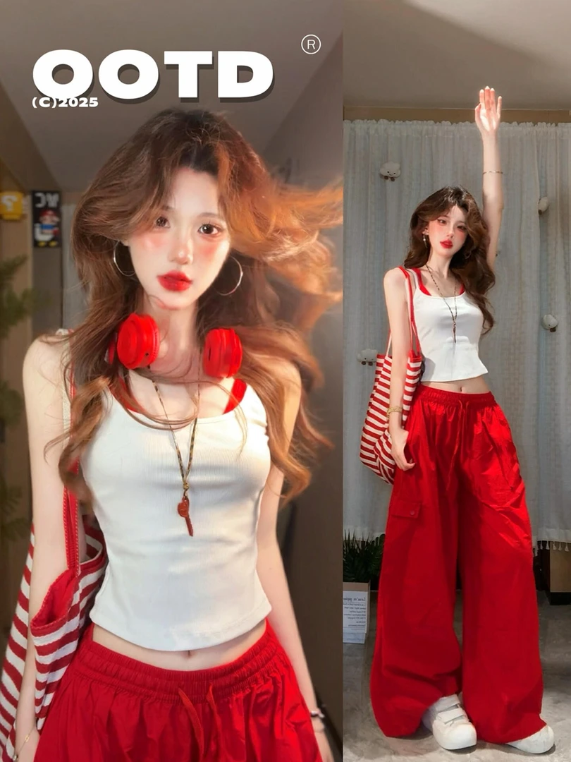 巨好看的夏装一整套又酷又飒套装女撞色吊带背心高腰工装裤两件套