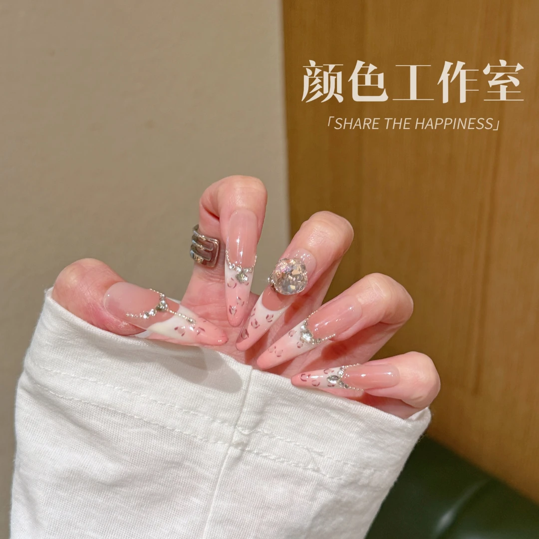 【落跑甜心】白色法式粉色豹纹渐变辣妹少女轻奢纯手工穿戴美甲贴片