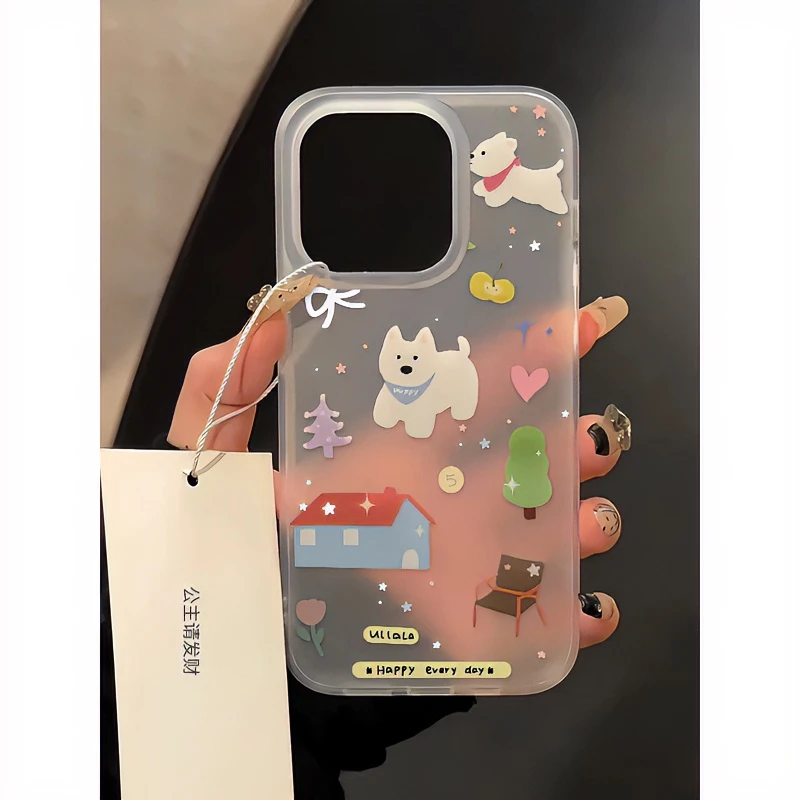 涂画房屋小白狗适用iPhone16ProMax磨砂手机壳苹果15保护套14/13