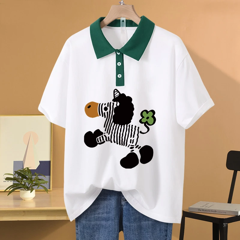 宽松oversize夏季胖mm纯棉POLO领短袖t恤女设计感小众大码上衣服