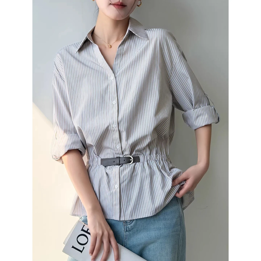 POLO领条纹衬衫女秋冬长袖衬衣显瘦翻领内搭打底开衫上衣2025新款