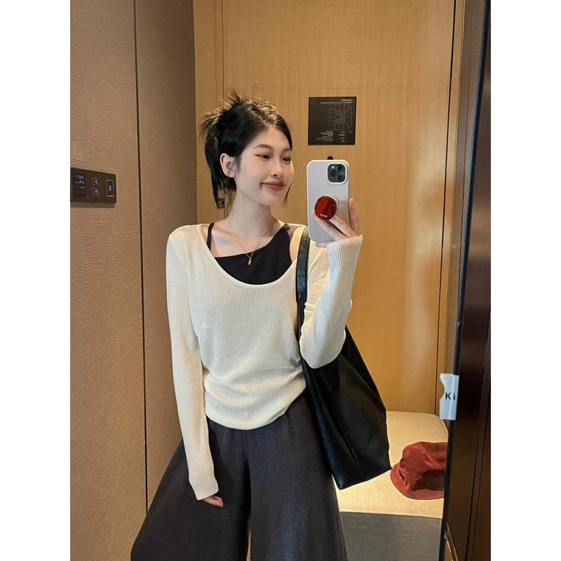 大码女装胖mm穿搭慵懒风显瘦假两件拼接撞色小众设计感针织上衣女