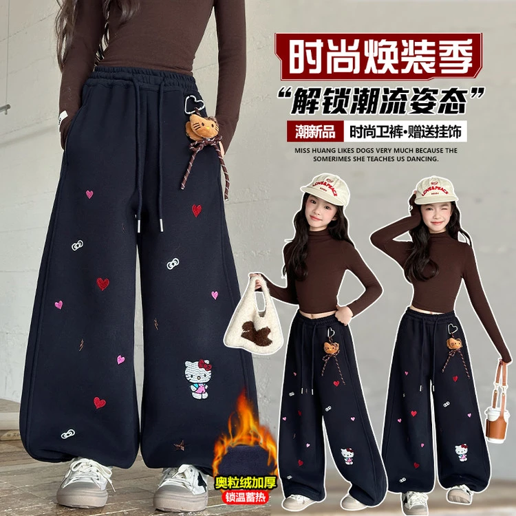 女童加绒一体绒卫裤秋冬2025新款儿童加厚裤子女孩大童冬季运动裤