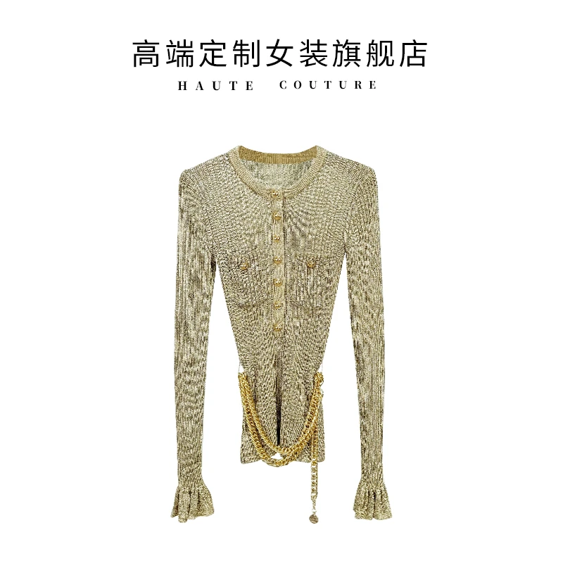 【筱翊定制】秋冬设计感圆领含腰链收腰显瘦针织内搭长袖打底衫