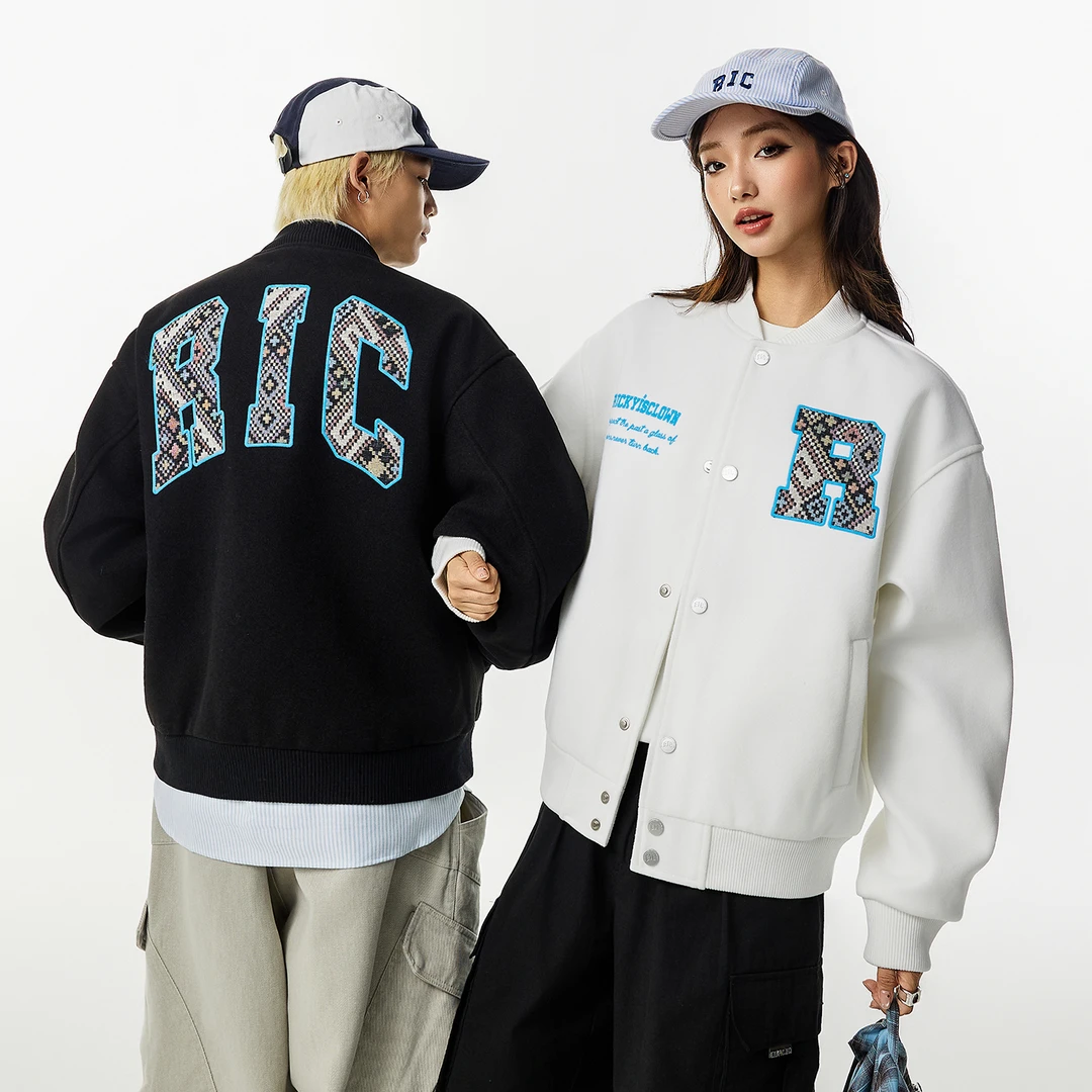 RickyisClownRIC25AW迷宫格民族风贴布棒球服冬季保暖情侣棉服