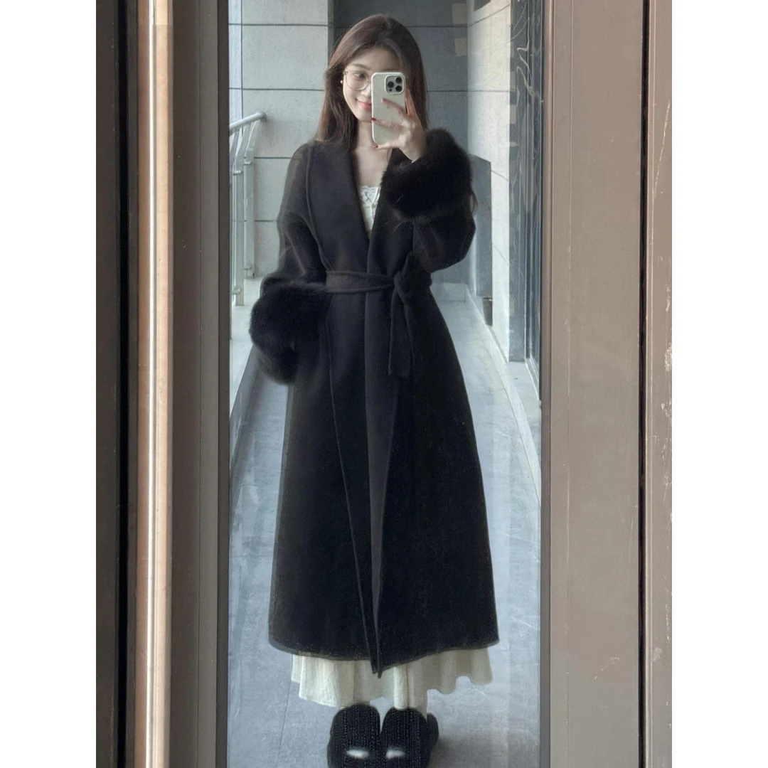 2025新款双面羊绒呢子大衣女毛呢外套毛袖小个子赫本风高级感气质
