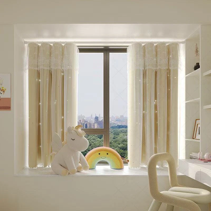 奶油风窗帘免打孔安装卧室飘窗遮光2025新款网红双层女孩房间短帘