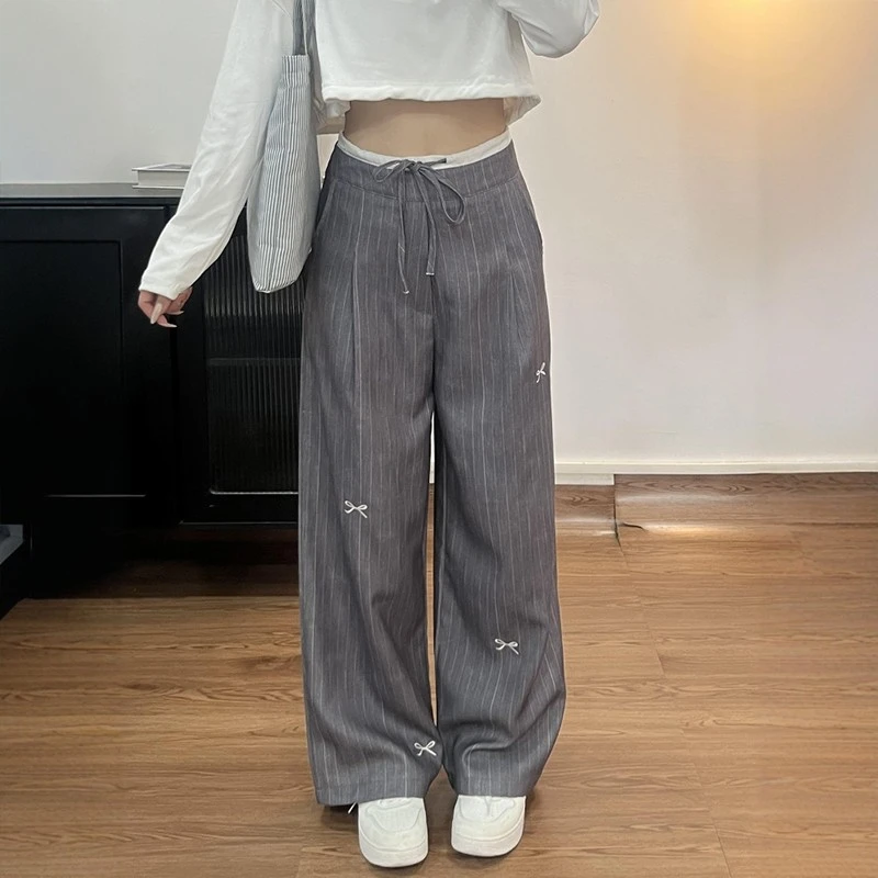 灰色条纹西装裤大码女裤2025秋季新款胖mm显瘦秋季刺绣休闲阔腿裤