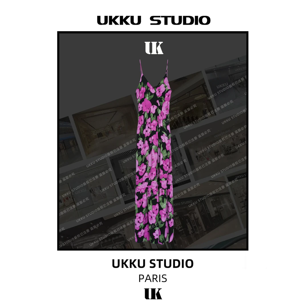 YT【UKKU STUDIO】新款时尚设计师玫收腰花朵吊带连衣裙813831