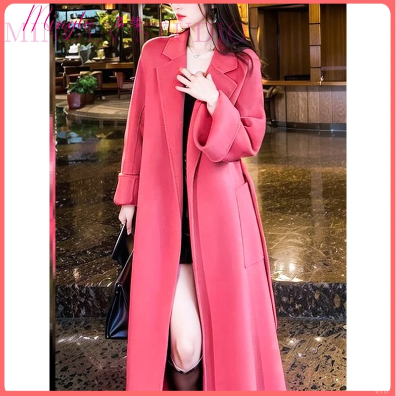 2025年冬季新款时尚宽松长款粉色毛呢外套高端双面呢轻奢大衣女