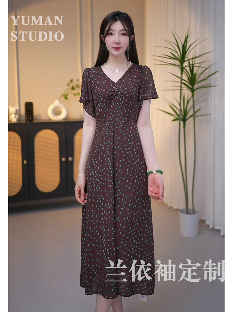 薇薇兰定制-#76墨水云瑶时尚气质小众优雅复古收腰碎花连衣裙