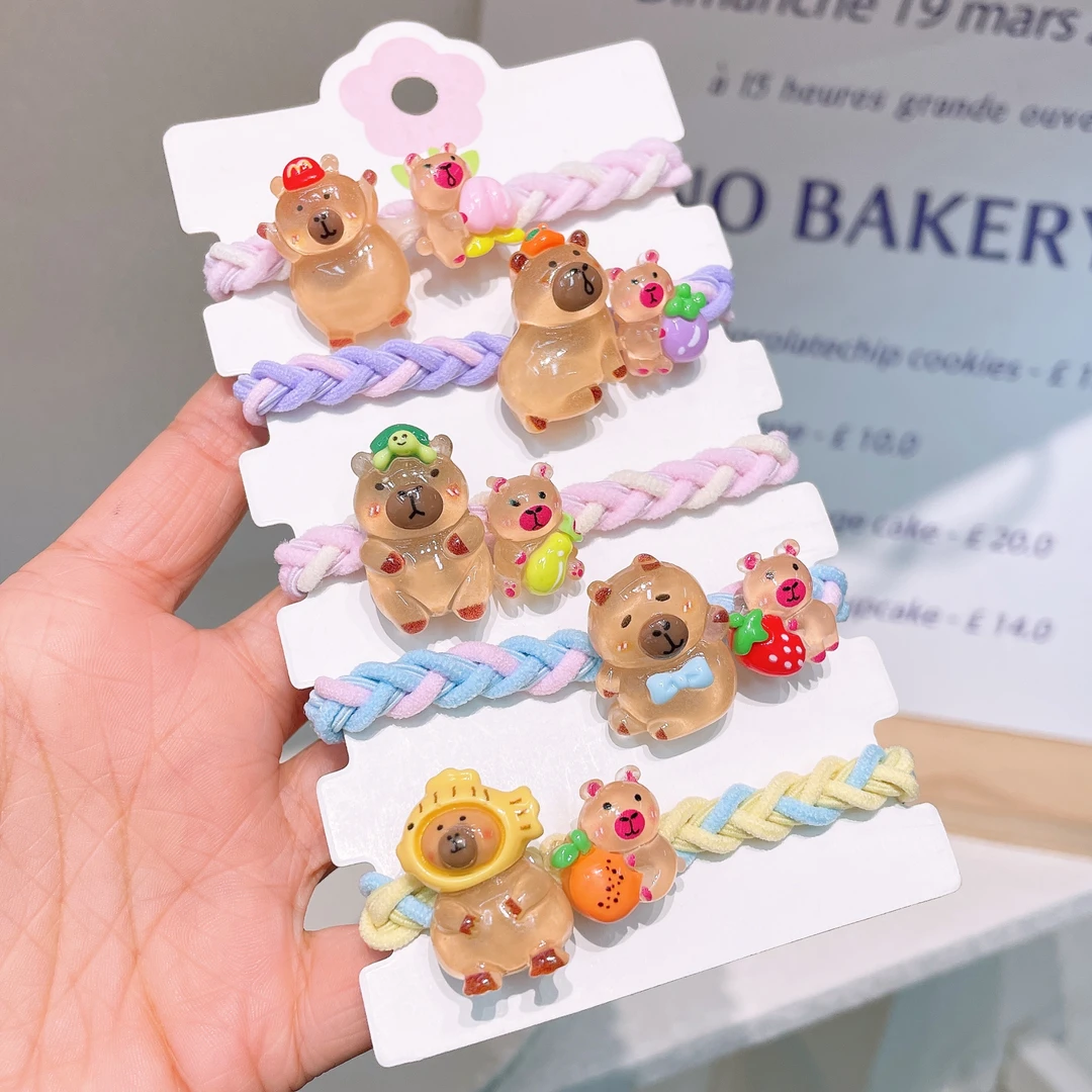 A-6364  d 混色5个夜光卡皮巴拉水果双配件高弹力编织头绳   发圈