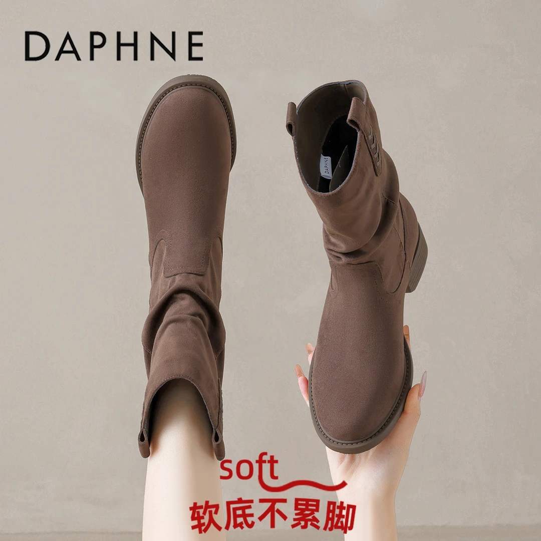 达芙妮复古西部靴2025冬季爆款粗跟褶皱堆堆靴时尚美拉德套筒短靴