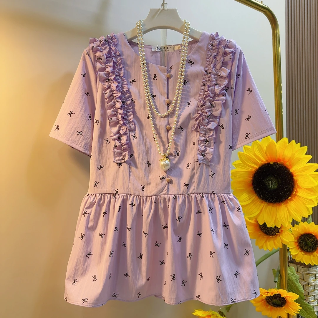 RF夏季新款木耳边印花减龄遮肉遮屁股大码上衣洋气T恤甜美