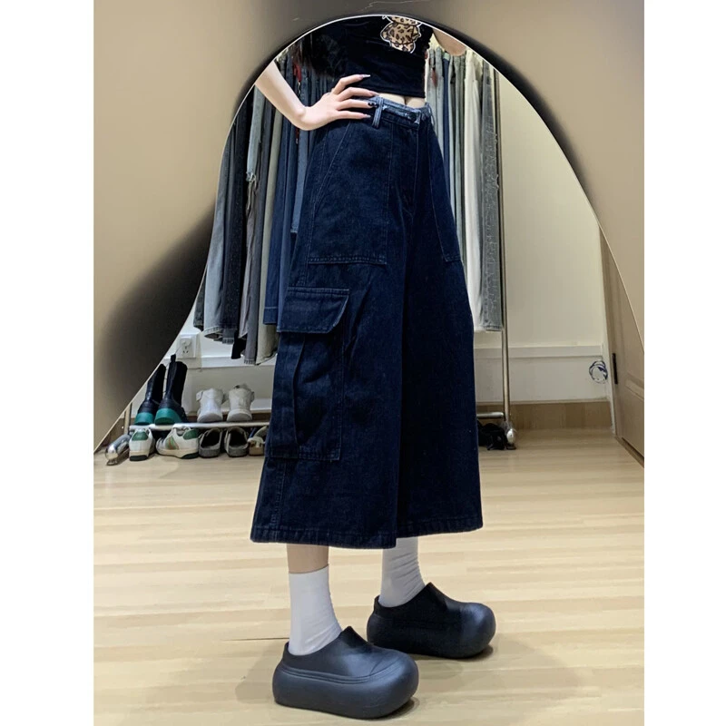 复古黑蓝色多口袋七分牛仔裤女夏季新款直筒百搭八分裤阔腿中裤潮