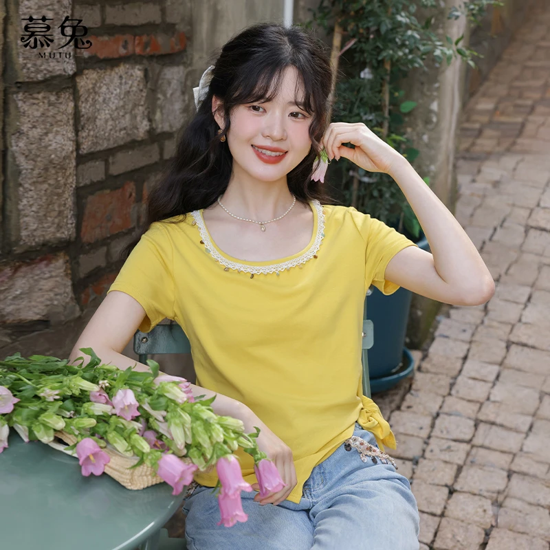 慕兔法式温柔风不规则短袖t恤女2025夏季新款小个子宽松休闲上衣