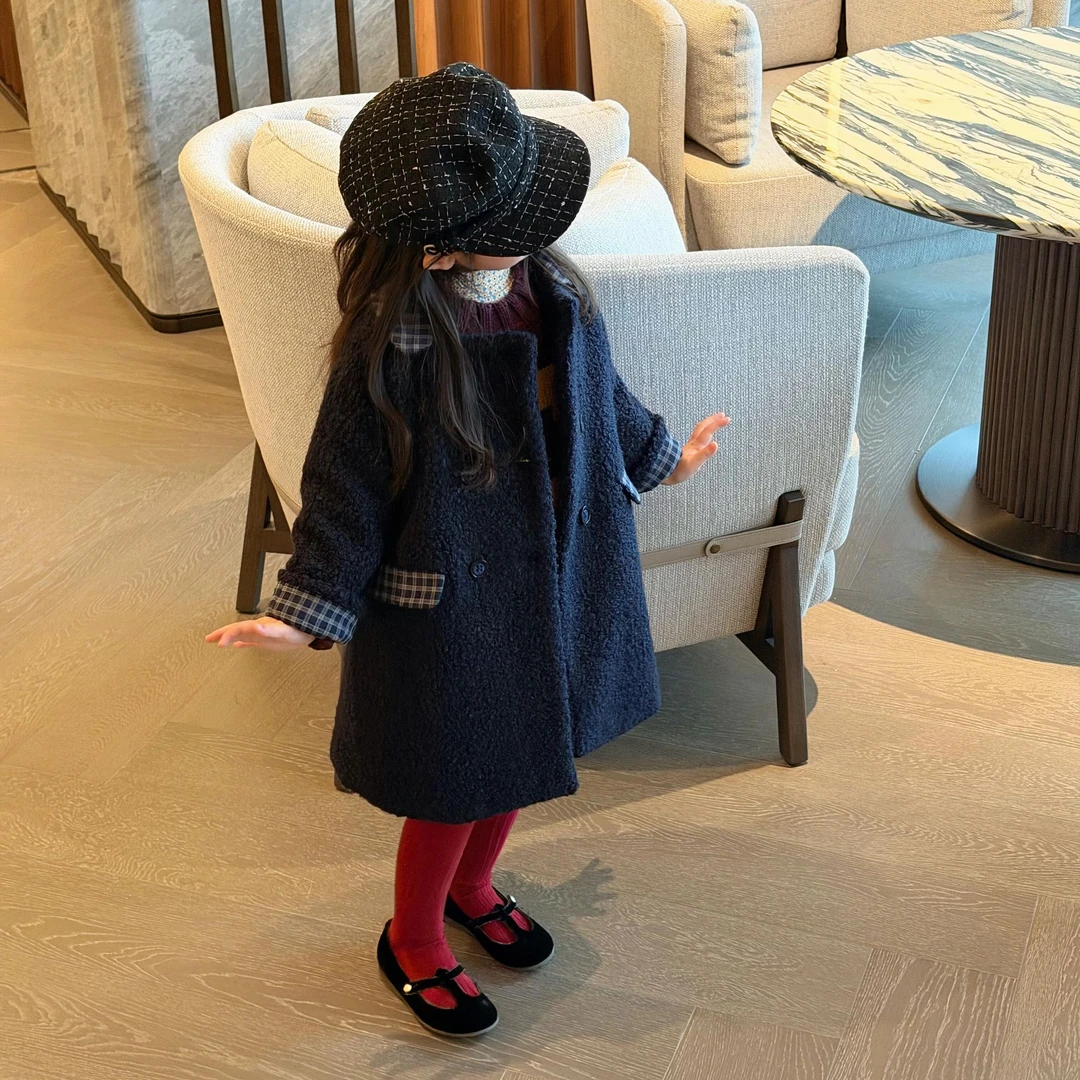 小思家2025冬季新款韩版洋气中长款大衣套头毛衣格子半裙女童套装