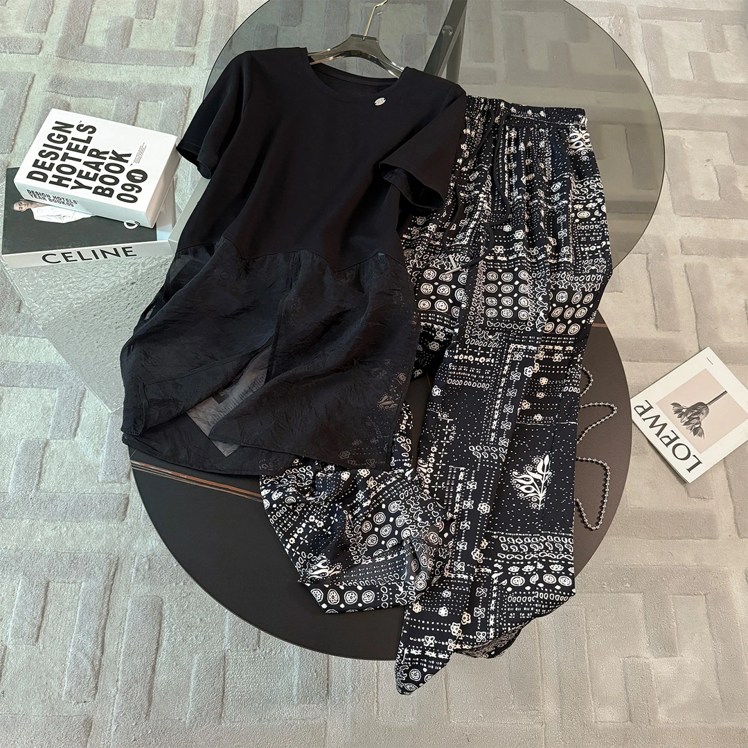 欧货休闲时尚套装女夏季新款开叉设计黑色网纱拼接短袖长裤两件套