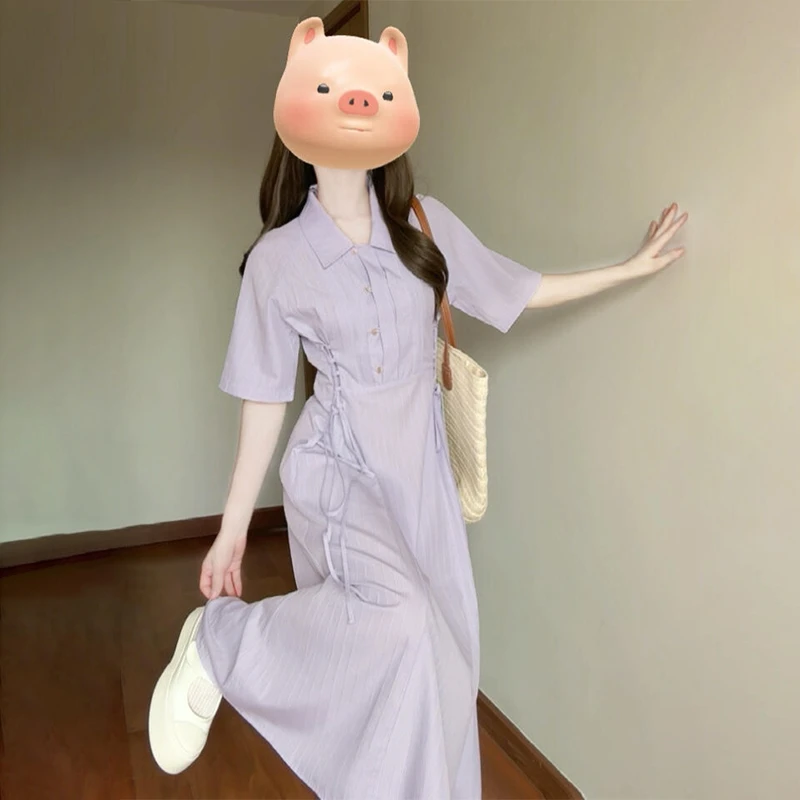 2145紫色连衣裙女夏穿搭2025新款法式温柔衬衫收腰独特漂亮小个子