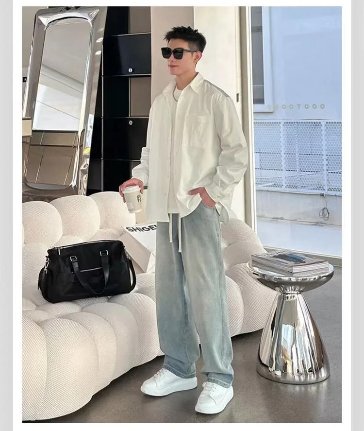 夏季薄款牛仔裤男女同款休闲百搭宽松浅色复古垂感直筒港风裤子男