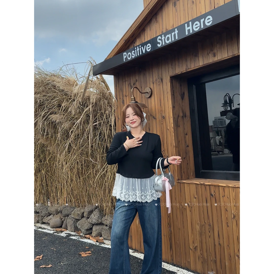 胖MM韩系蕾丝下摆拼接长袖T恤女秋冬新款修身显瘦设计感上衣