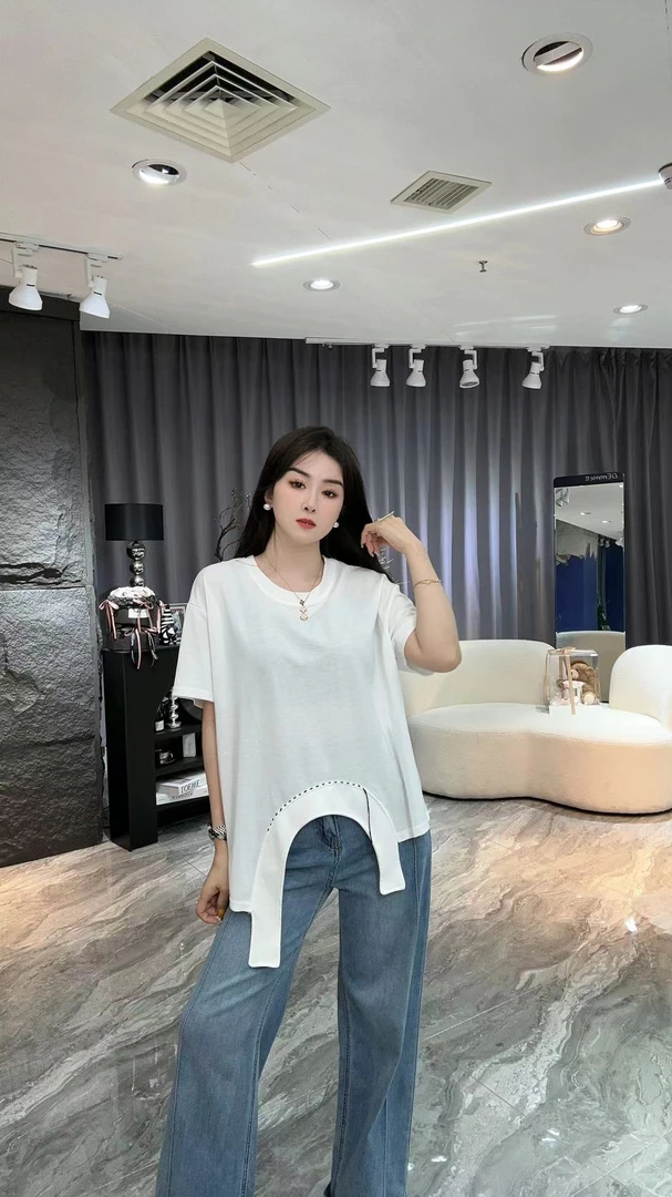 （U）1842夏季新款洋气个性短袖T恤宽松大码落肩下摆不规则上衣