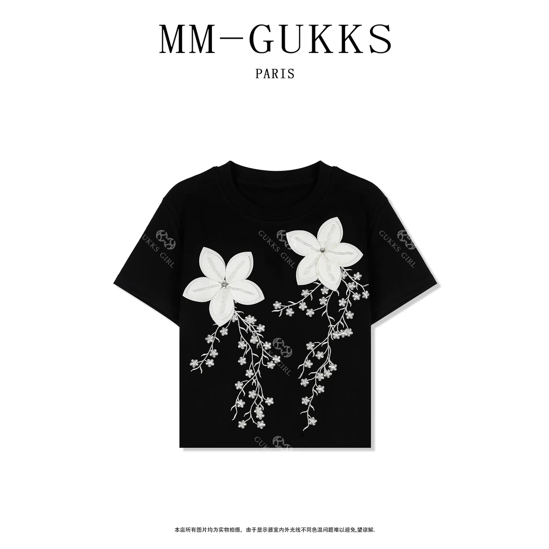 明明GUKKS『梦幻』夏季新款设计师重工刺绣气质圆领短袖T恤