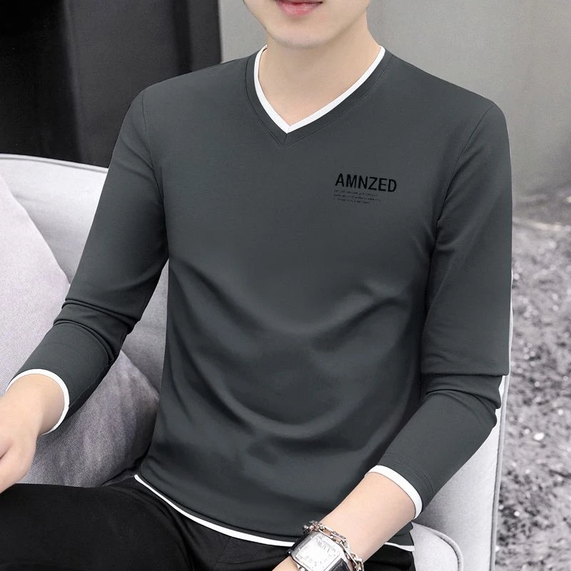 高品质新款长袖T恤男士衣服休闲秋衣上衣男装潮流V领体恤打底衫男