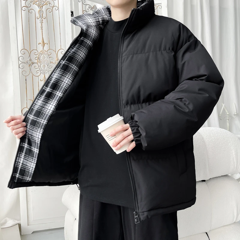 2025棉服男保暖加厚冬季上衣格子拼接纯色防水外套M25571