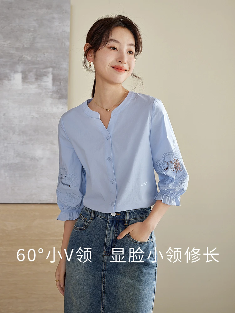 【大眼妹儿专属】衬衫女夏季新款法式立领别致衬衣蕾丝花边镂空灯笼