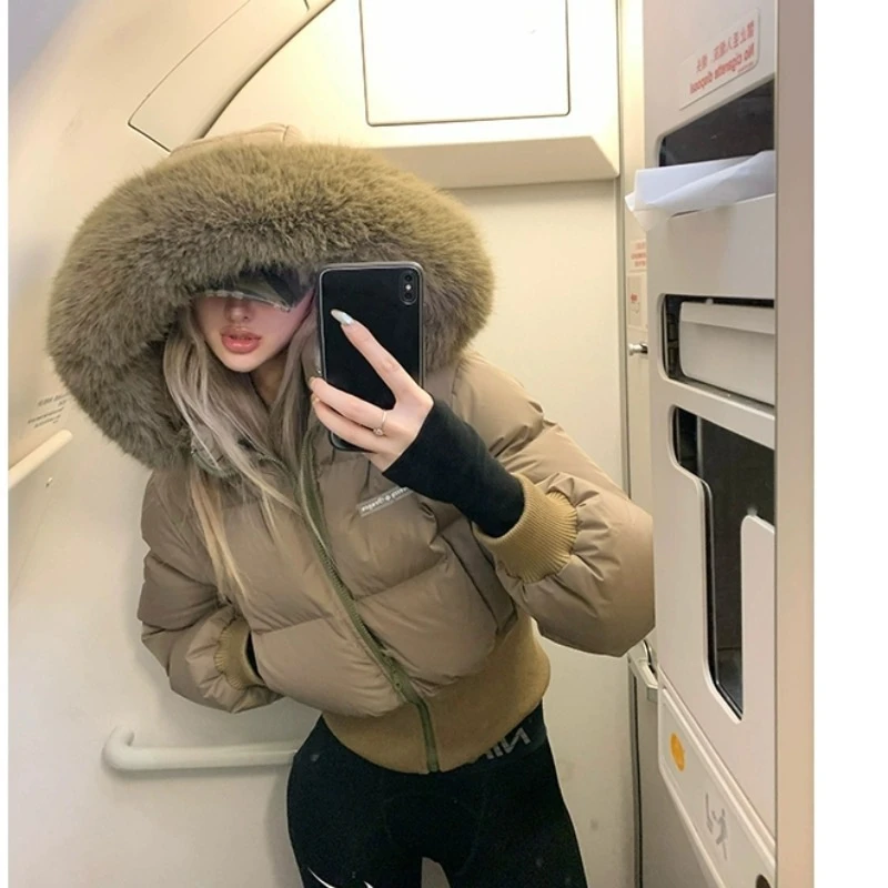 连帽大毛领棉服女2025年冬季新款加厚短款百搭棉衣小个子外套